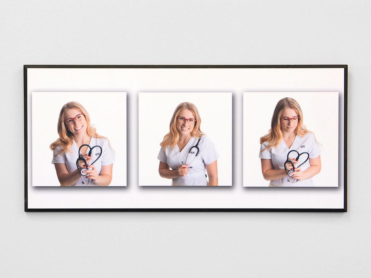 Three pictures of a nurse holding a stethoscope on a white background.