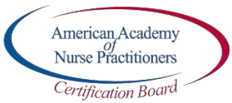 Logo for the American Academy of Nurse Practitioners Certification Board featuring blue and red curved swoosh accents.