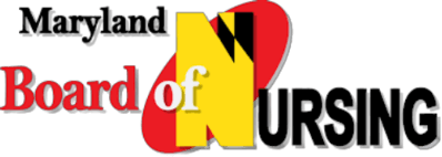 The Maryland Board of Nursing logo, featuring bold red and black text on a yellow and red background.