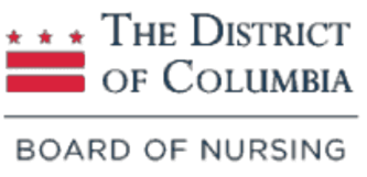 Logo for the District of Columbia Board of Nursing, featuring the DC flag emblem next to the department name.
