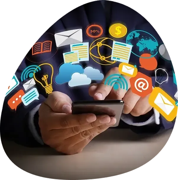 A person holding a cell phone with icons coming out of it