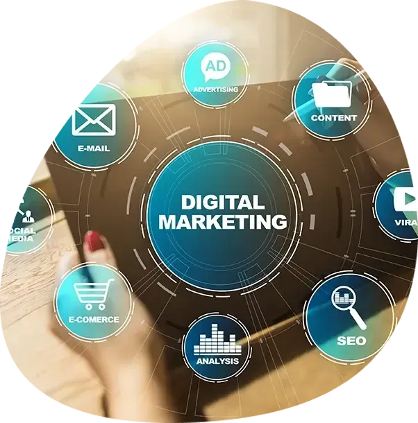 A digital marketing graphic with icons surrounding it
