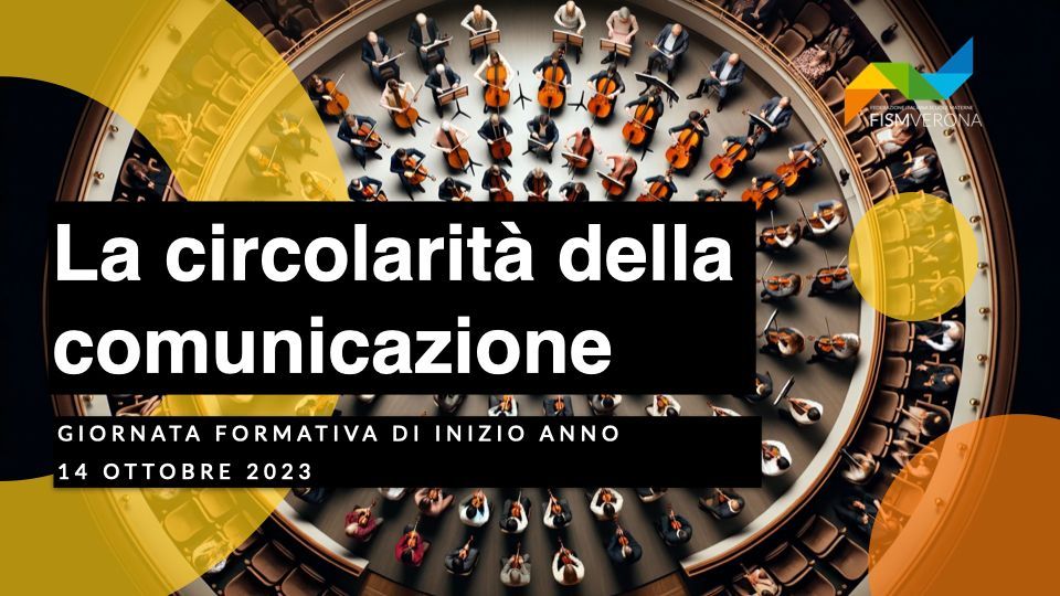 A poster for la circolarita della comunicazione shows an orchestra in a circle