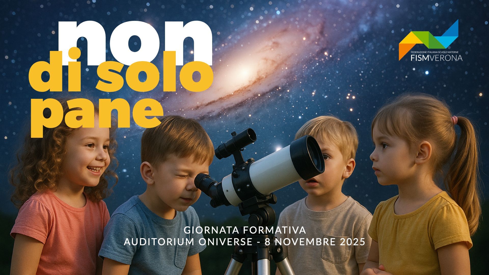 Children with a telescope looking at space with event title