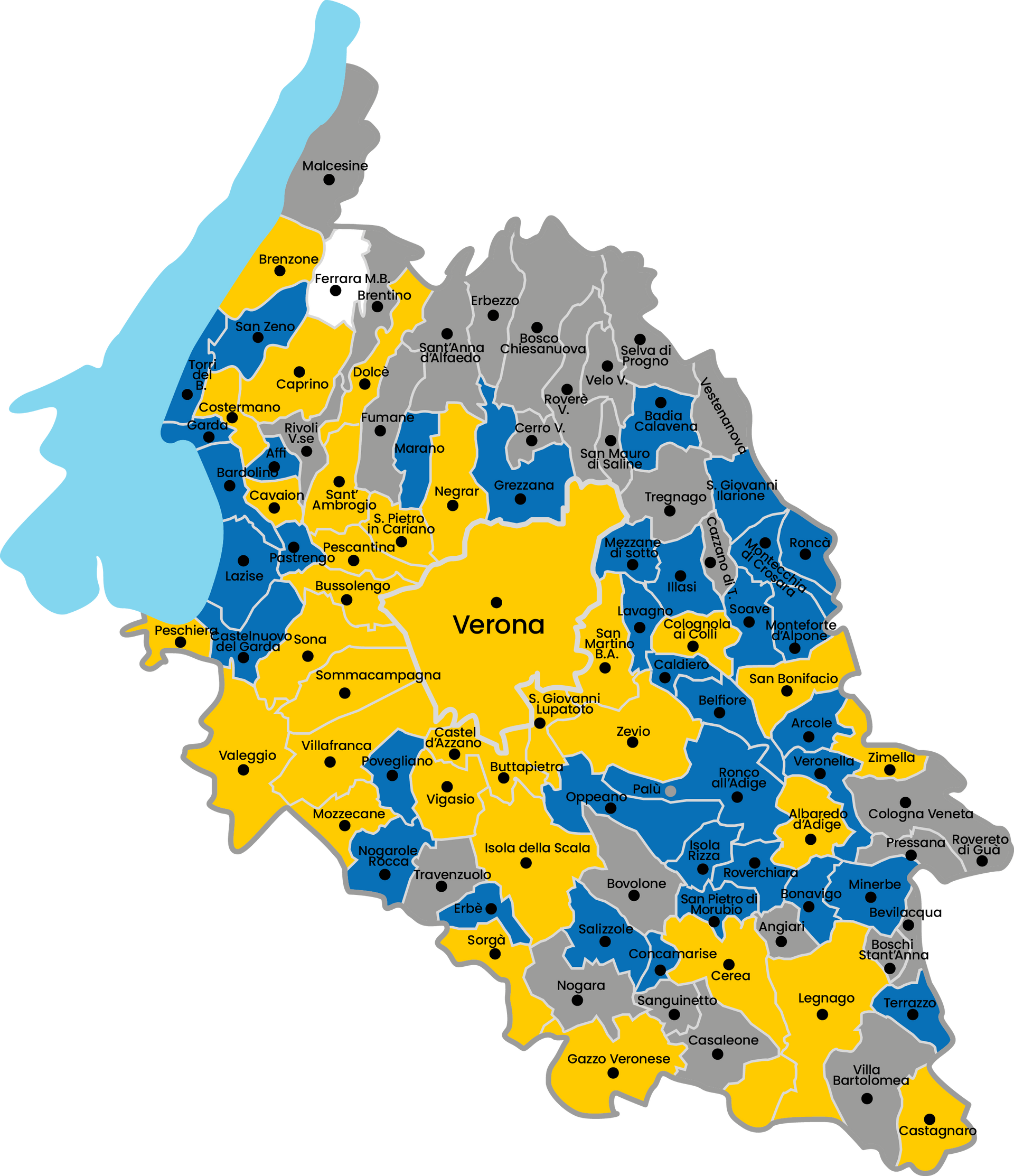 Una mappa di un paese con aree gialle e blu