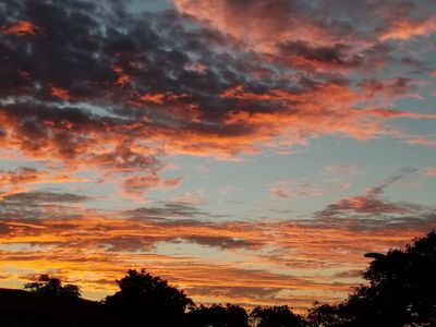 A sunset with a lot of clouds and trees in the foreground