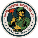Logo for Sharp Service Solutions. Soldier holding a plunger. Text: 