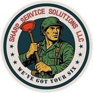 Logo for Sharp Service Solutions. Soldier holding a plunger. Text: 