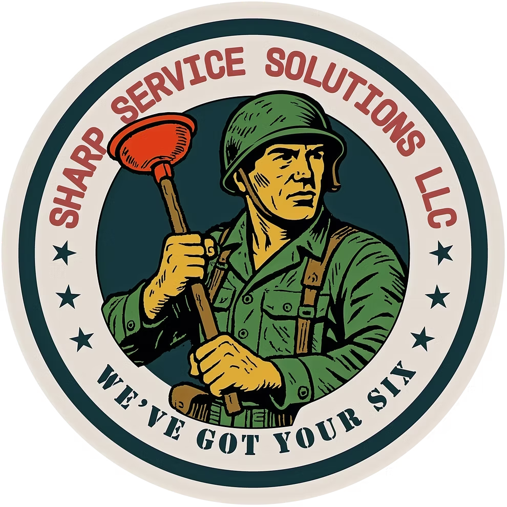 Logo for Sharp Service Solutions. Soldier holding a plunger. Text: