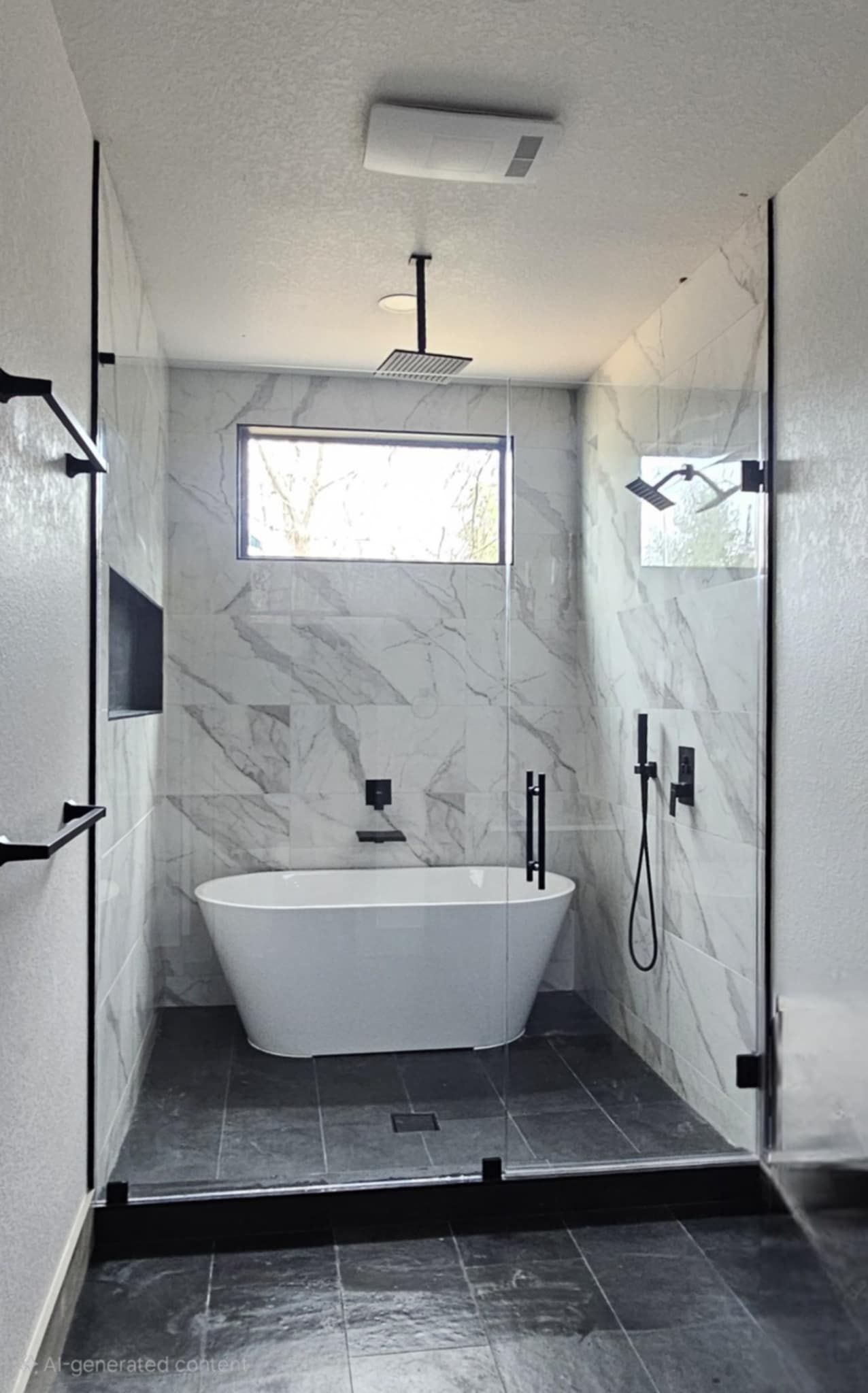 Modern bathroom with a white freestanding tub, glass shower, marble tile, and black fixtures.