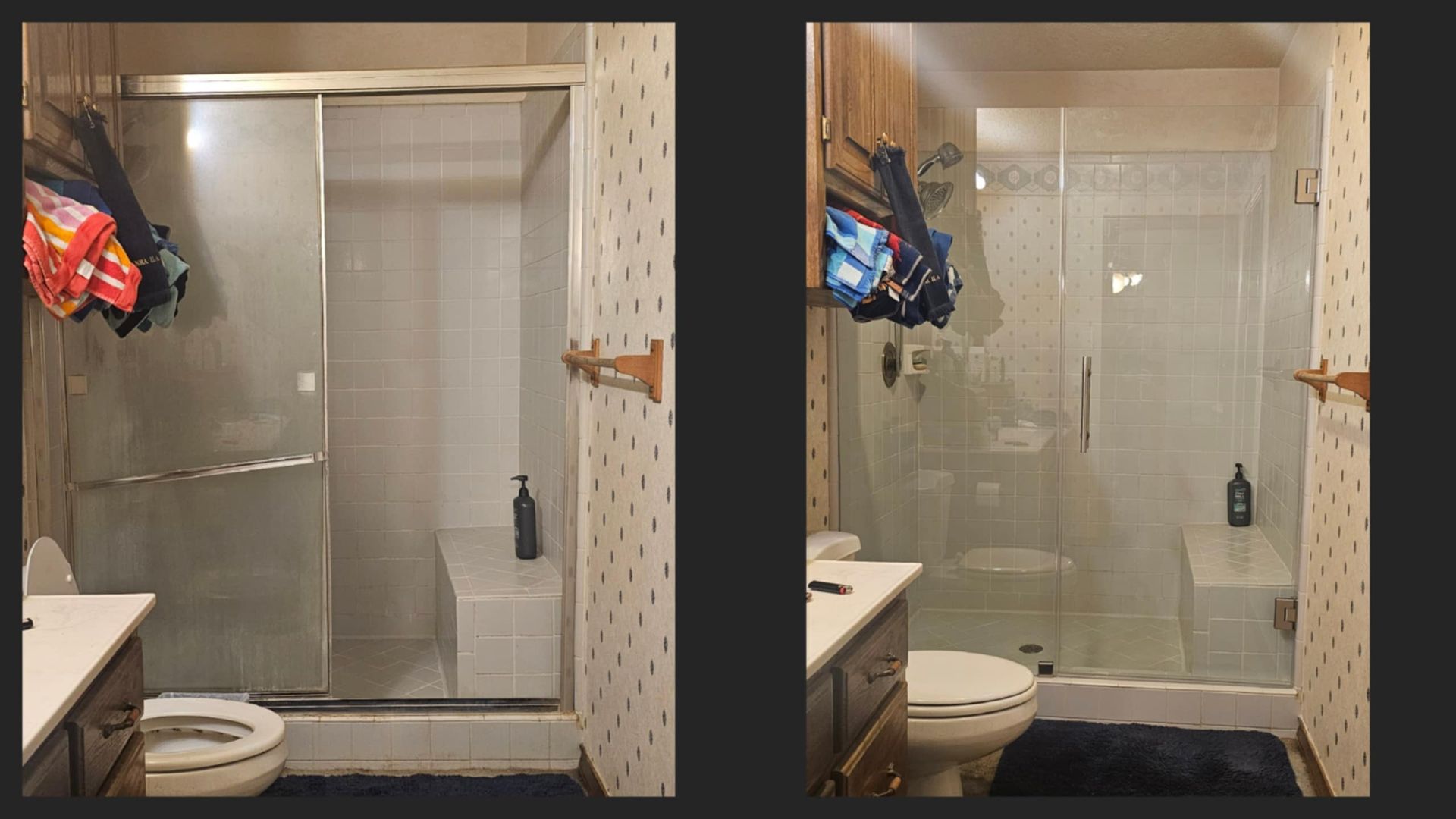 Two photos of a bathroom showing a shower before and after a glass door replacement.