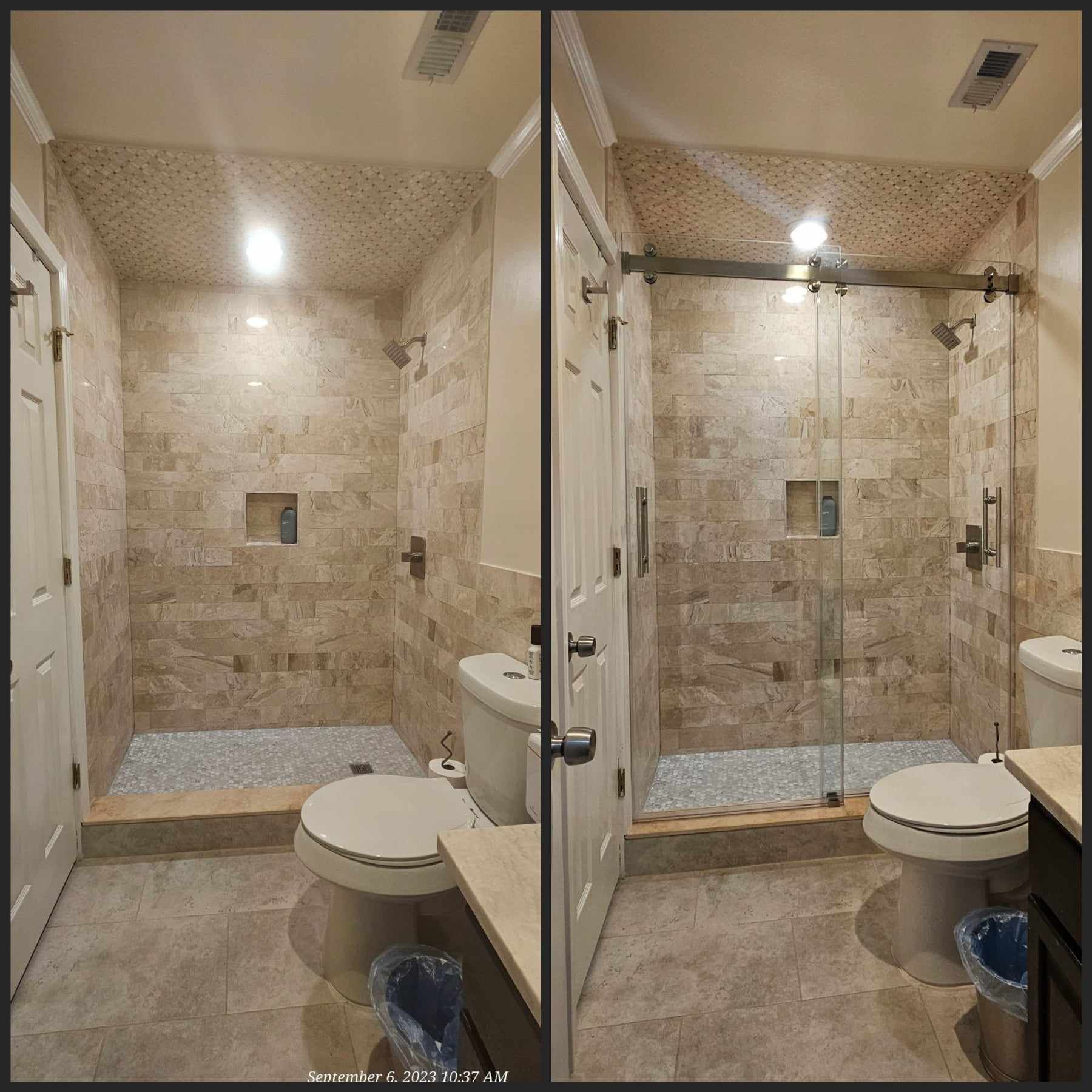 Bathroom renovation before/after. The shower has glass doors, stone tile walls, and a pebble floor.