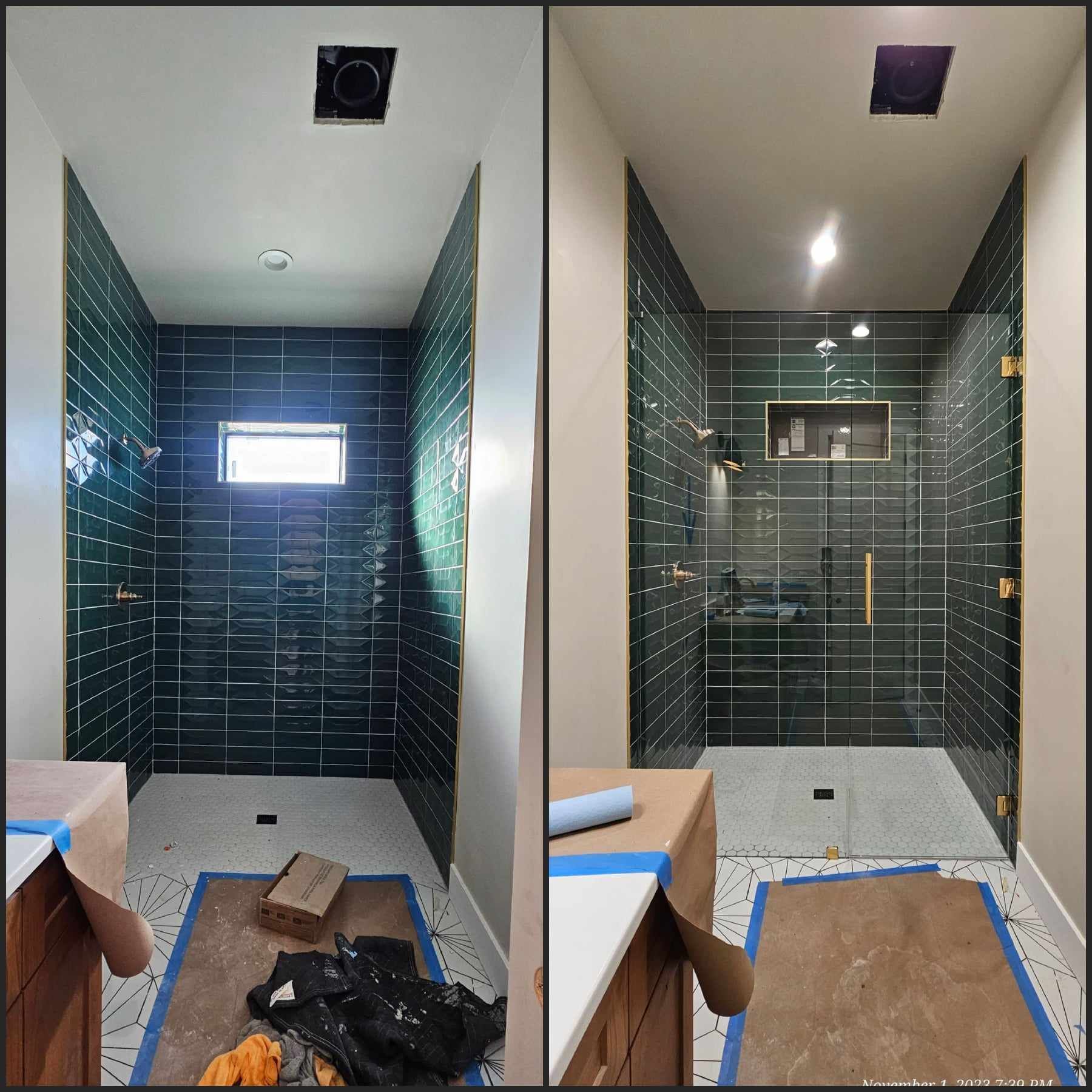 Comparison of a shower before and after glass door installation; green tiled walls.