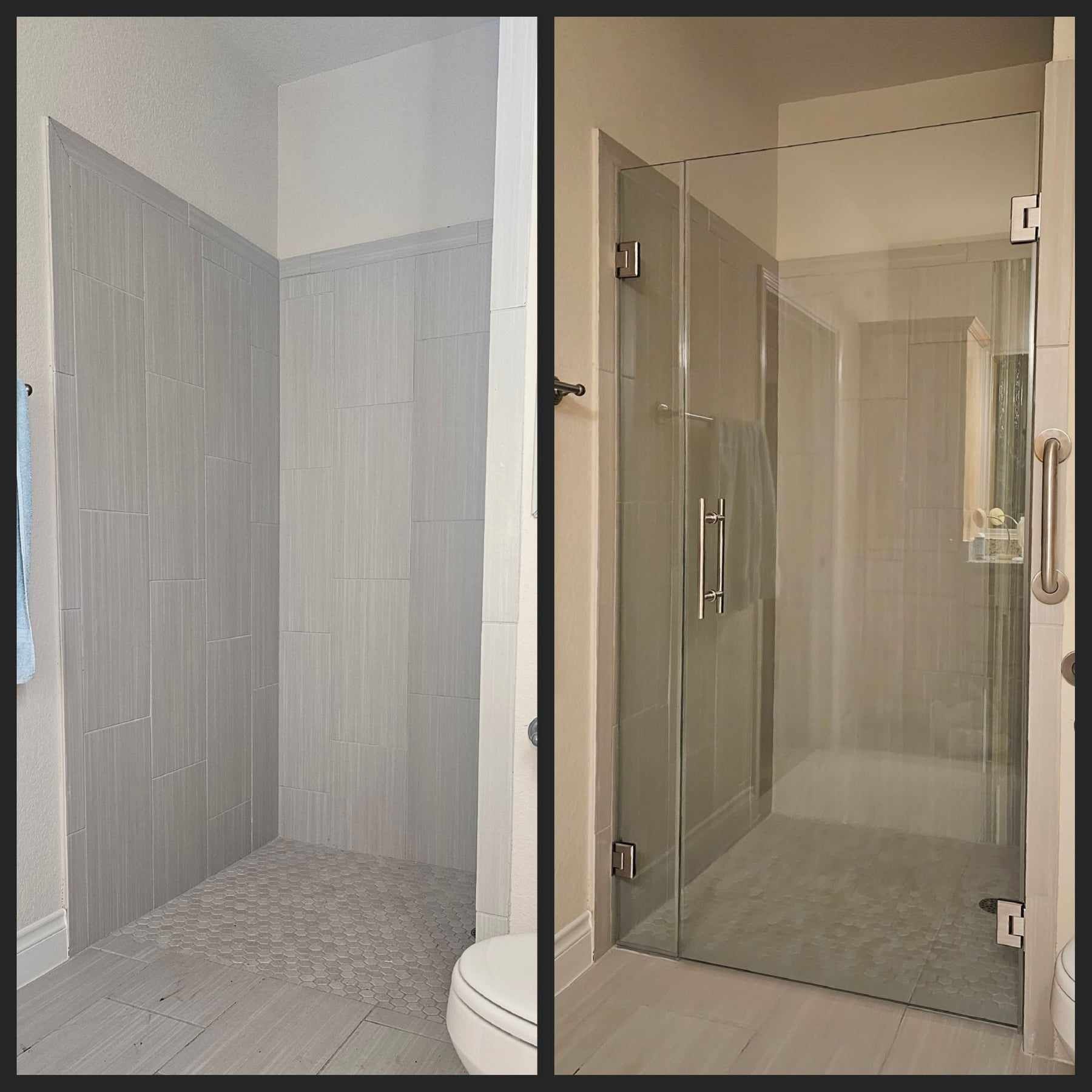 Bathroom shower remodel: Before and after. Left: tiled walls, pebble floor, Right: glass enclosure with towel bars.