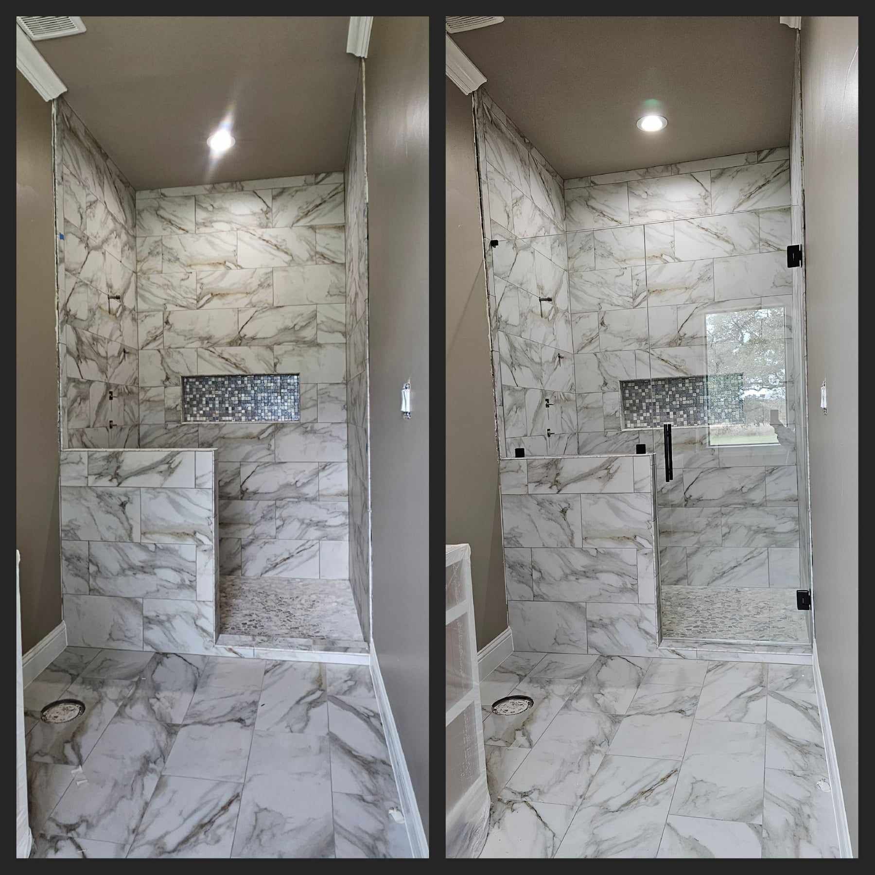 Two photos side-by-side of a newly tiled shower. One shows the space with no glass door; the other with a glass door.