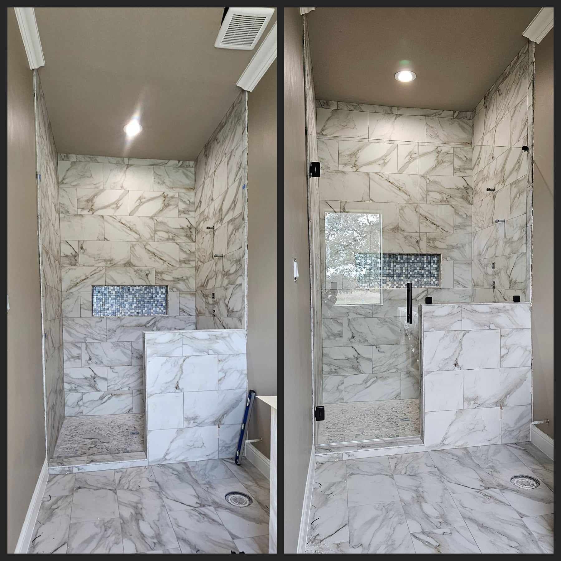 Bathroom remodel before and after. Marble-tiled shower with glass door and black hardware. Gray walls, light fixtures.