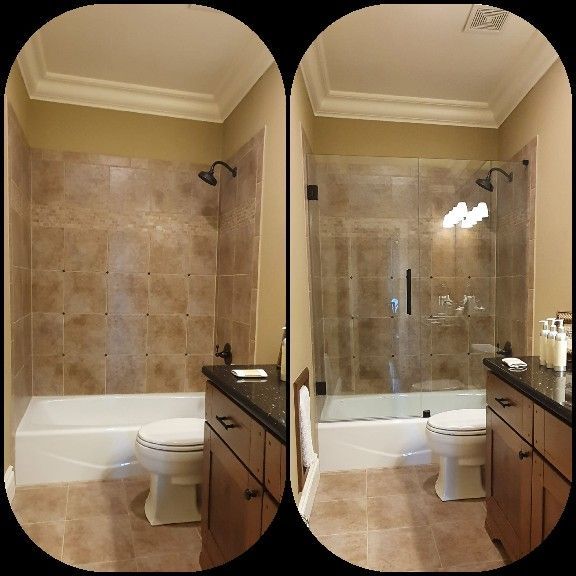 Two bathroom views before and after glass shower door installation. Beige tile, dark fixtures, wood cabinets, toilet.