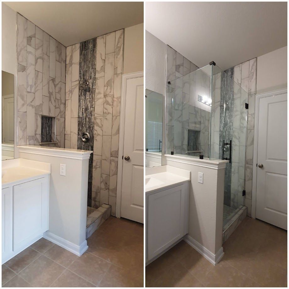 Bathroom remodel before and after. White cabinetry, marble-look tiled shower with glass enclosure.