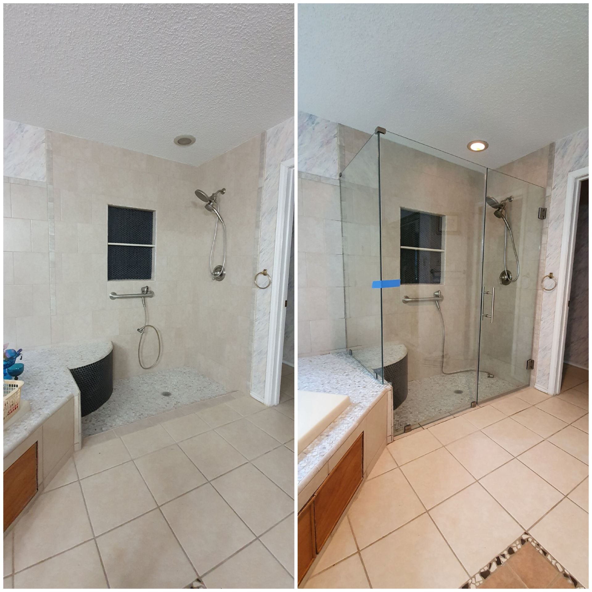 Bathroom renovation comparison: shower before (left) and after (right) with glass enclosure, featuring tiled walls.