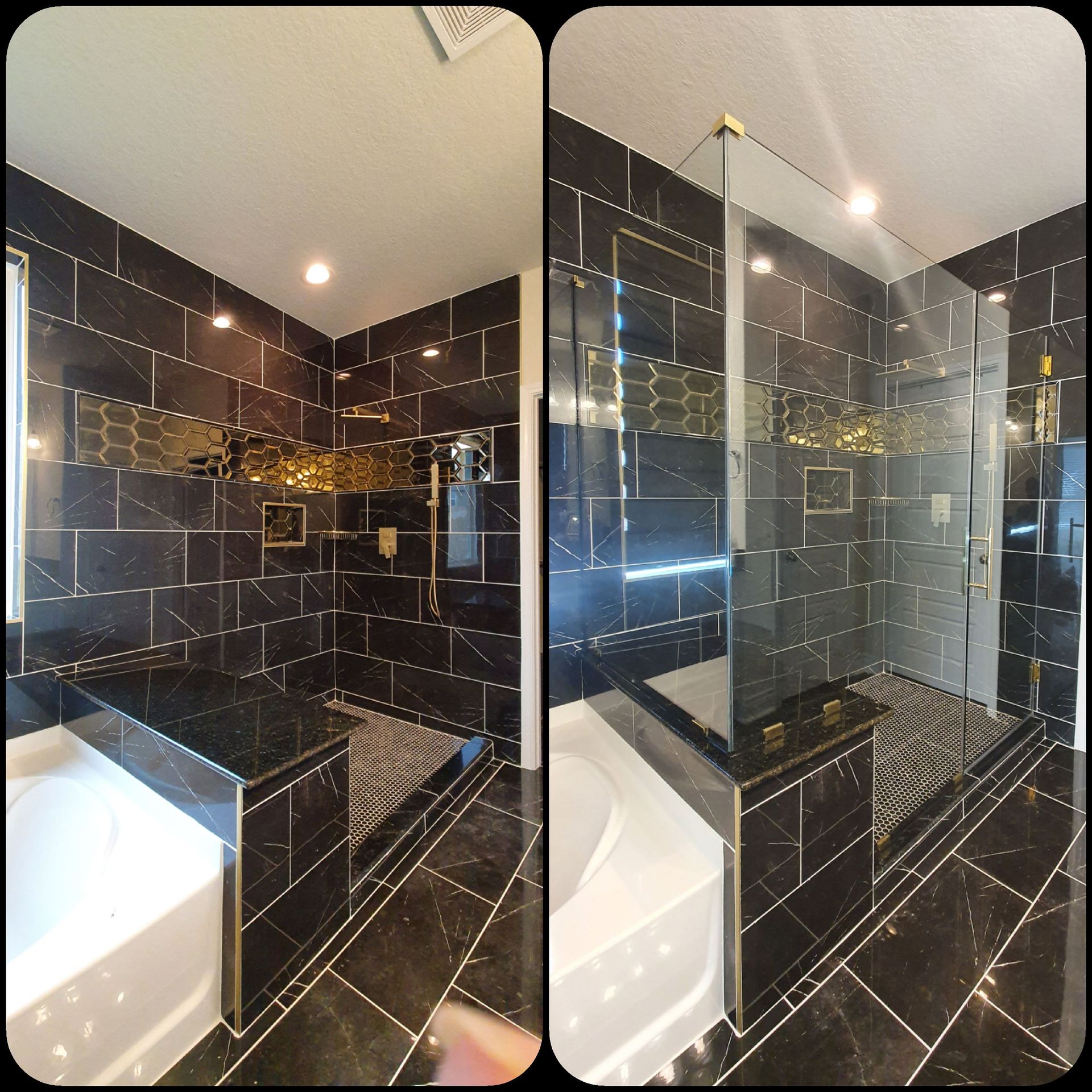 Black tile and gold-accented bathroom with shower, bench, and tub.