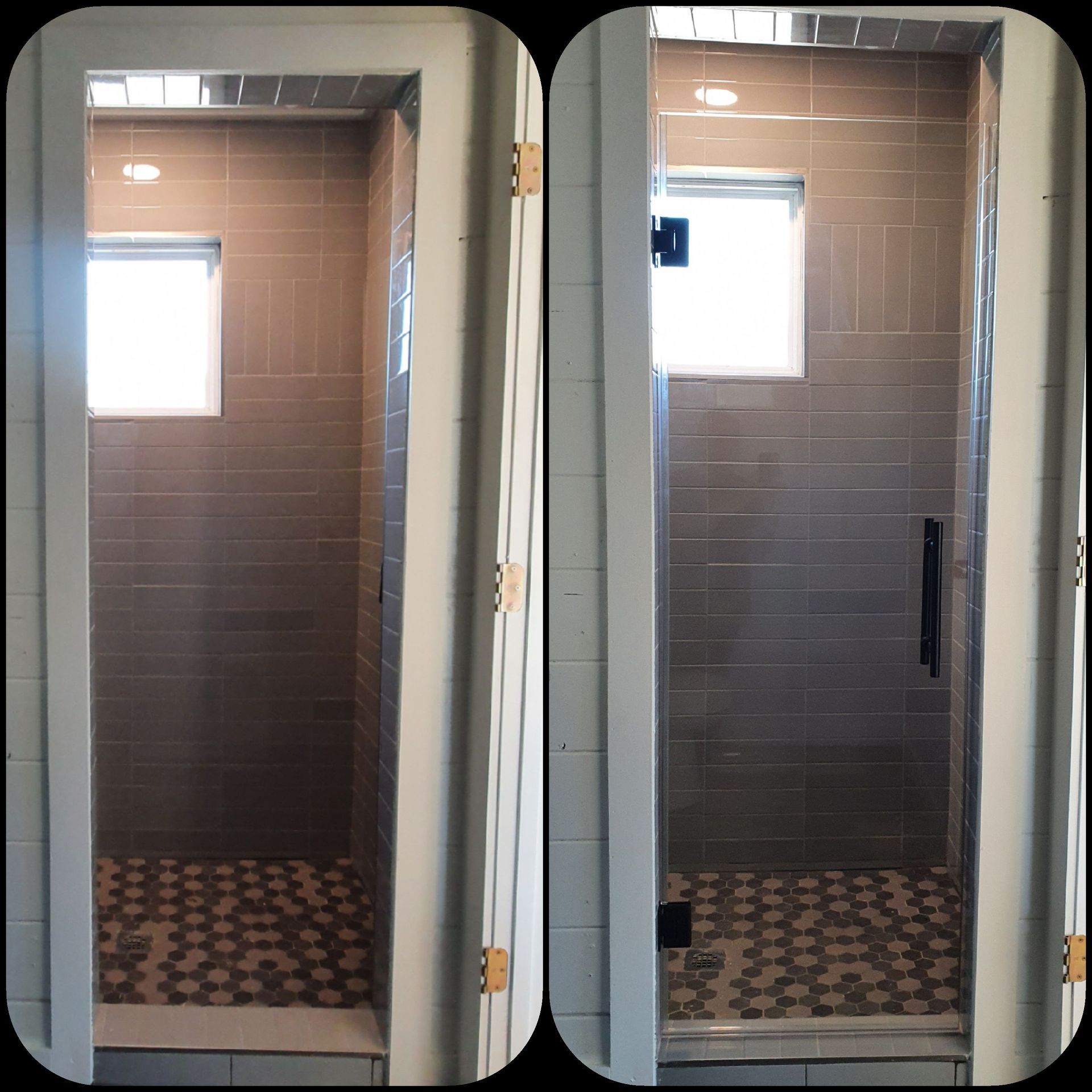 Two views of a shower with a tan tiled wall and floor, showing a before and after glass door installation.