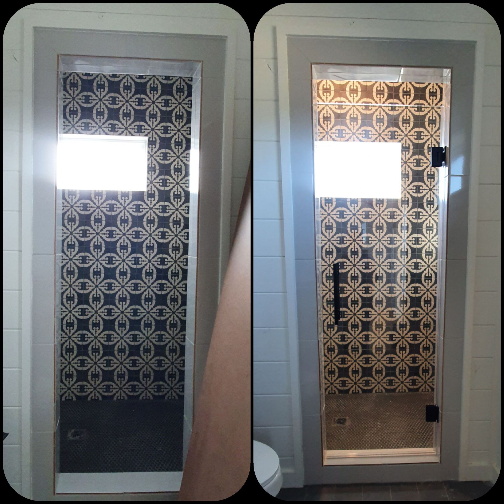 Two shower doors side-by-side. Left door closed, right door open. Both show patterned shower walls.