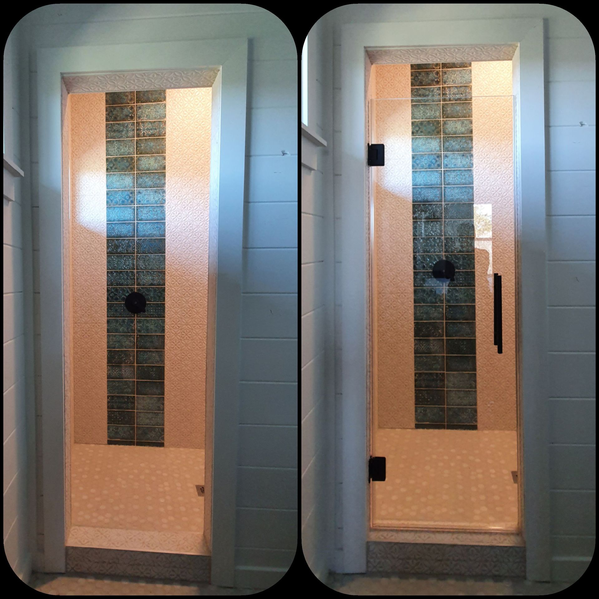 Two shower door views: one closed, one open. Both feature a textured glass door, dark hardware, and a center tile stripe.