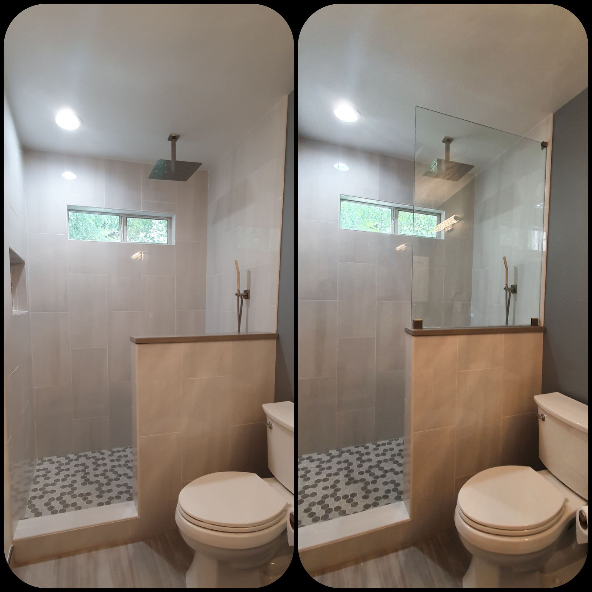 A bathroom before and after a glass shower panel installation. The bathroom is neutral-toned, with a stone tile floor.