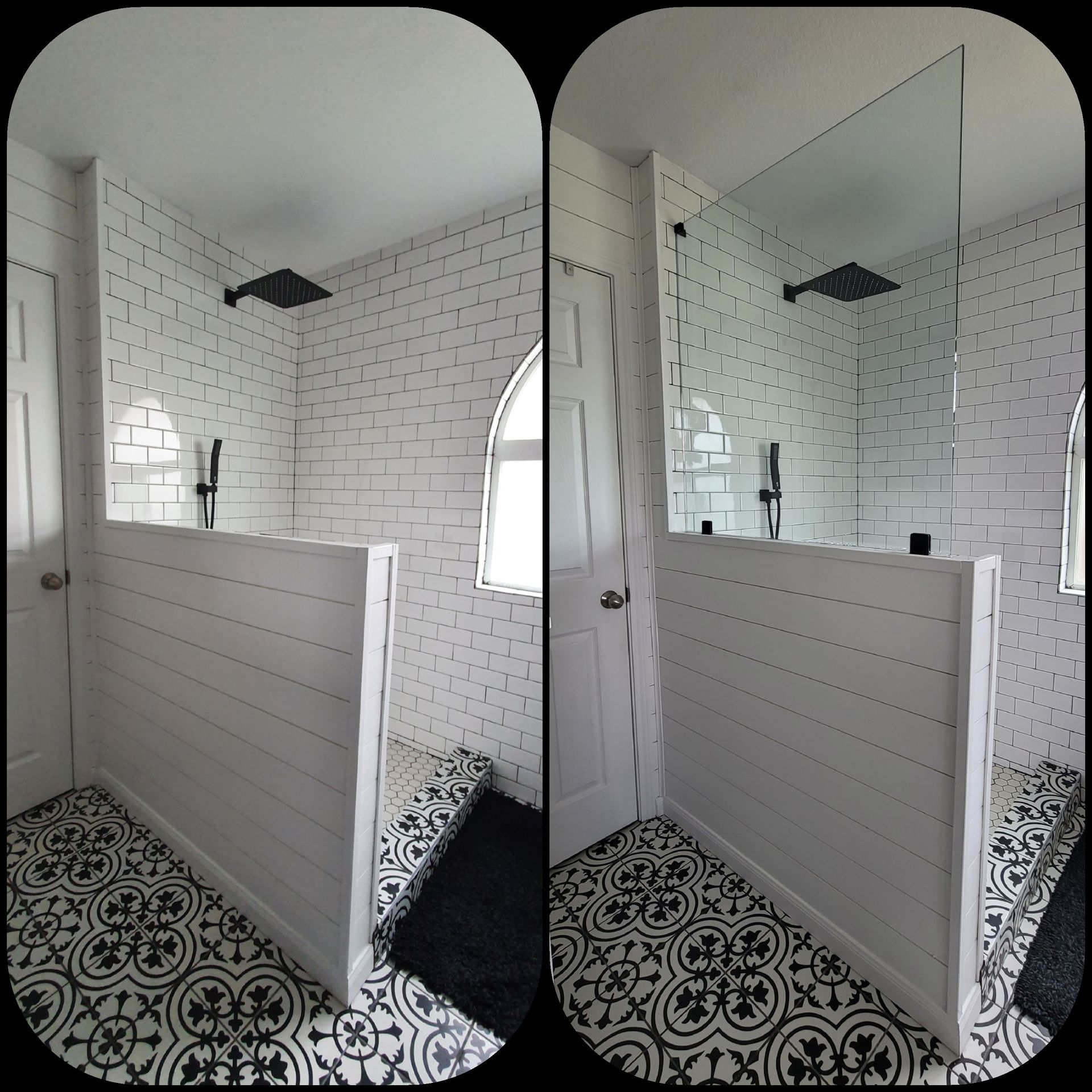 Bathroom with black and white patterned floor, white brick tiles, and shower with glass panel.