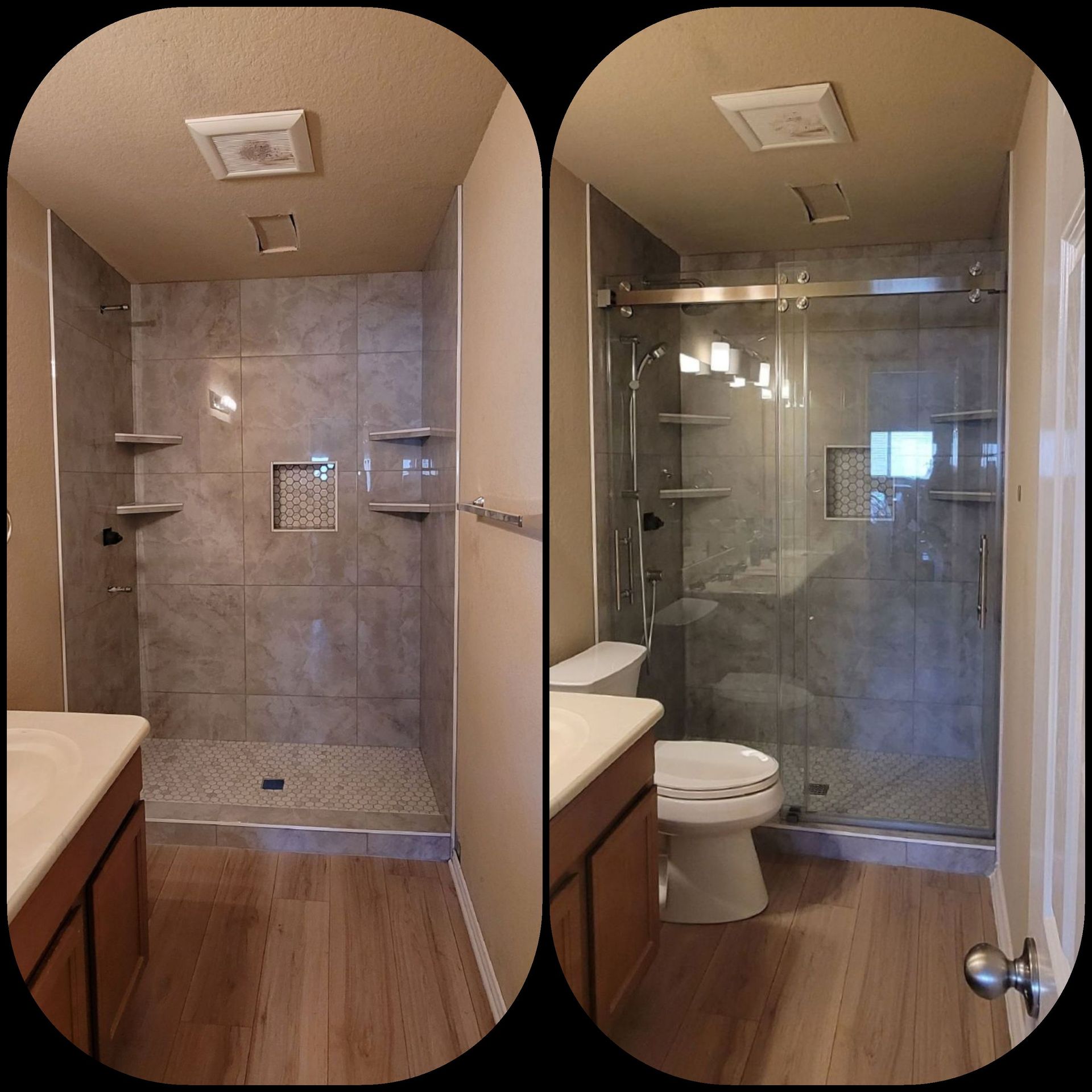Bathroom renovation: shower with grey tile, glass door, and shelves, next to a toilet and vanity.