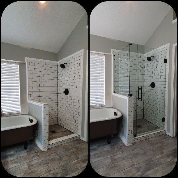 Before and after of a bathroom shower with a bathtub. The shower is now enclosed in glass.