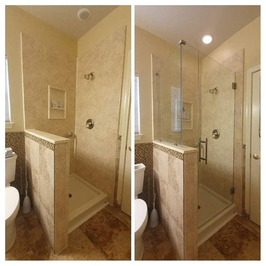 Bathroom with partial tiled walls, shower with and without a glass door.