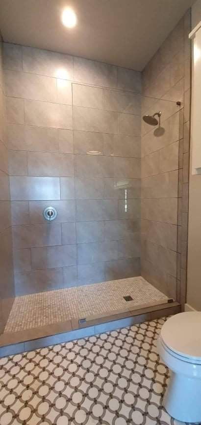 Bathroom with tiled shower and patterned floor. Toilet on the right.