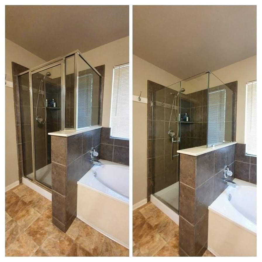 Two bathroom views: a shower with a clear glass enclosure, a built-in tub, brown tile, and tan walls.