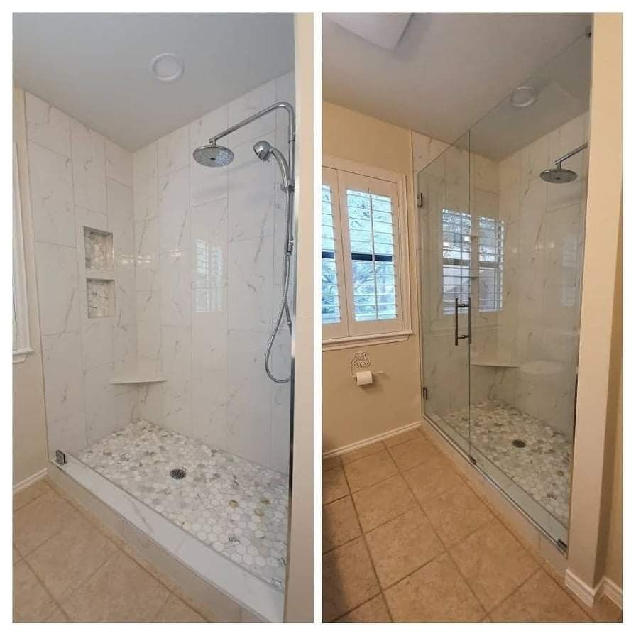 Shower remodel comparison: Marble tile shower with glass door and pebbles, versus shower with full glass enclosure.