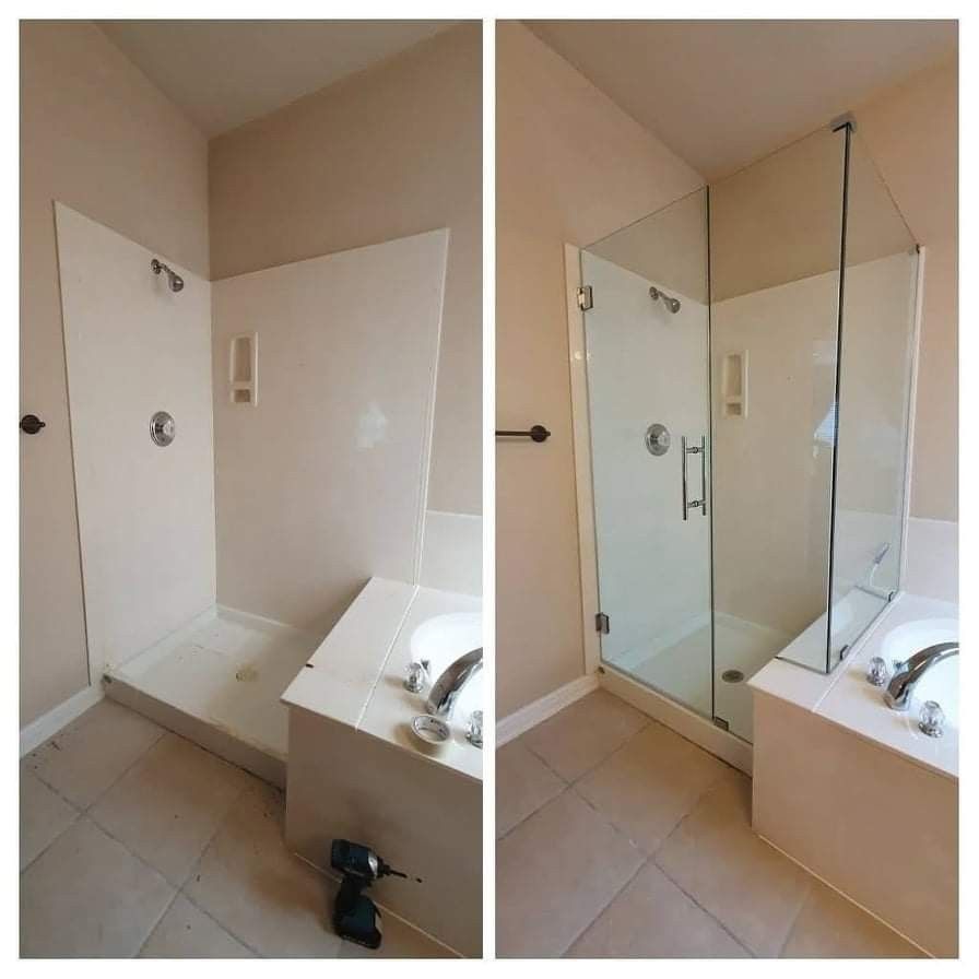 Bathroom before/after: shower stall with white walls and a tub, now enclosed with glass panels.
