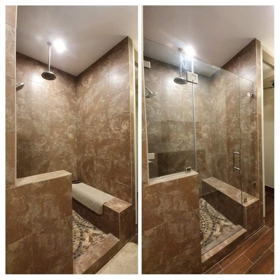 Two-panel comparison of a shower before and after installing a glass enclosure. Brown tile and bench are visible.