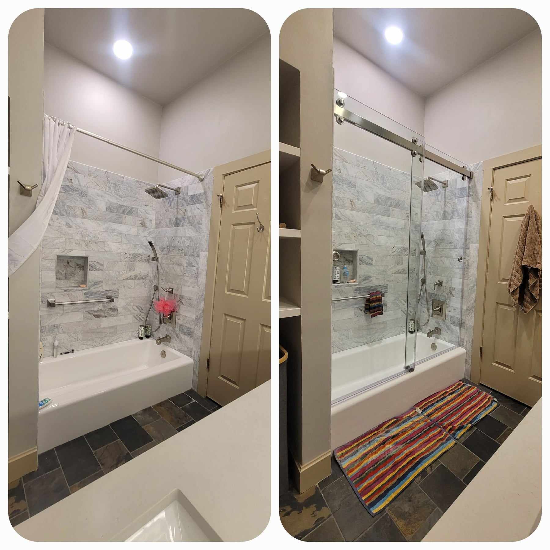 Bathroom renovation: before and after. Tub with showerhead and glass door, marble-like wall tile.