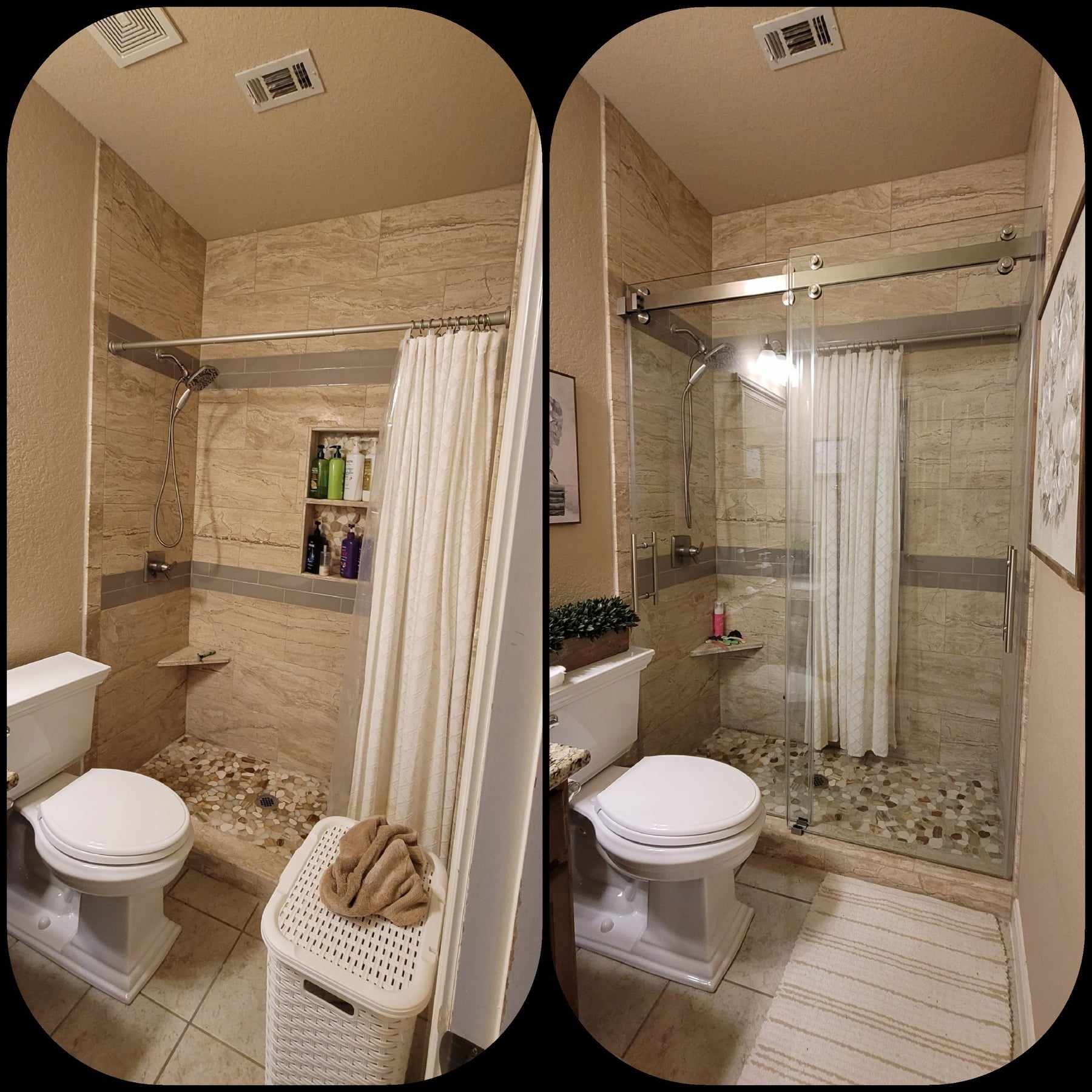 Bathroom before/after renovation: shower with curtain replaced by glass door, rock floor visible.
