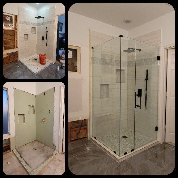 Bathroom shower renovation: before and after shots. Corner shower with glass doors, black fixtures, and tiled walls.