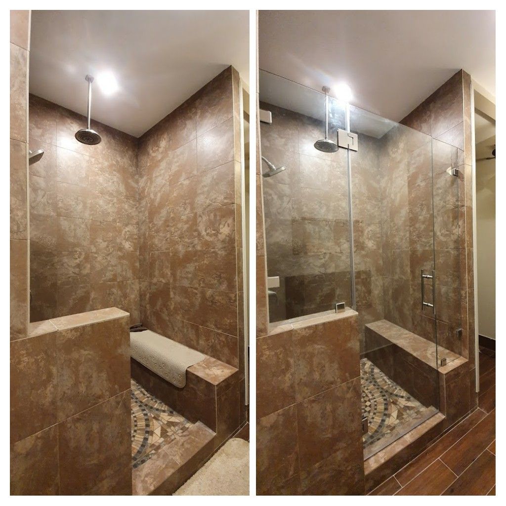 Bathroom: shower with bench. Brown tile, overhead shower head, glass door.