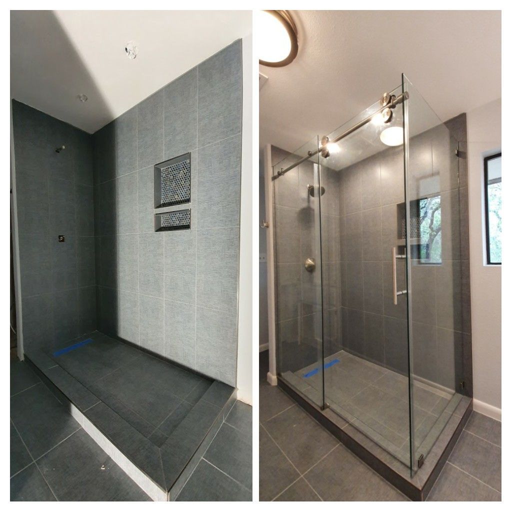 Bathroom shower renovation: gray tiled walls, glass enclosure, gold hardware, open doorway, before and after.