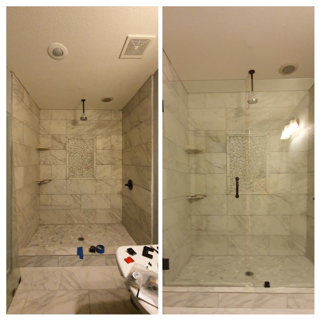 Two shower images: left, unfinished tiled shower; right, finished shower with glass door.