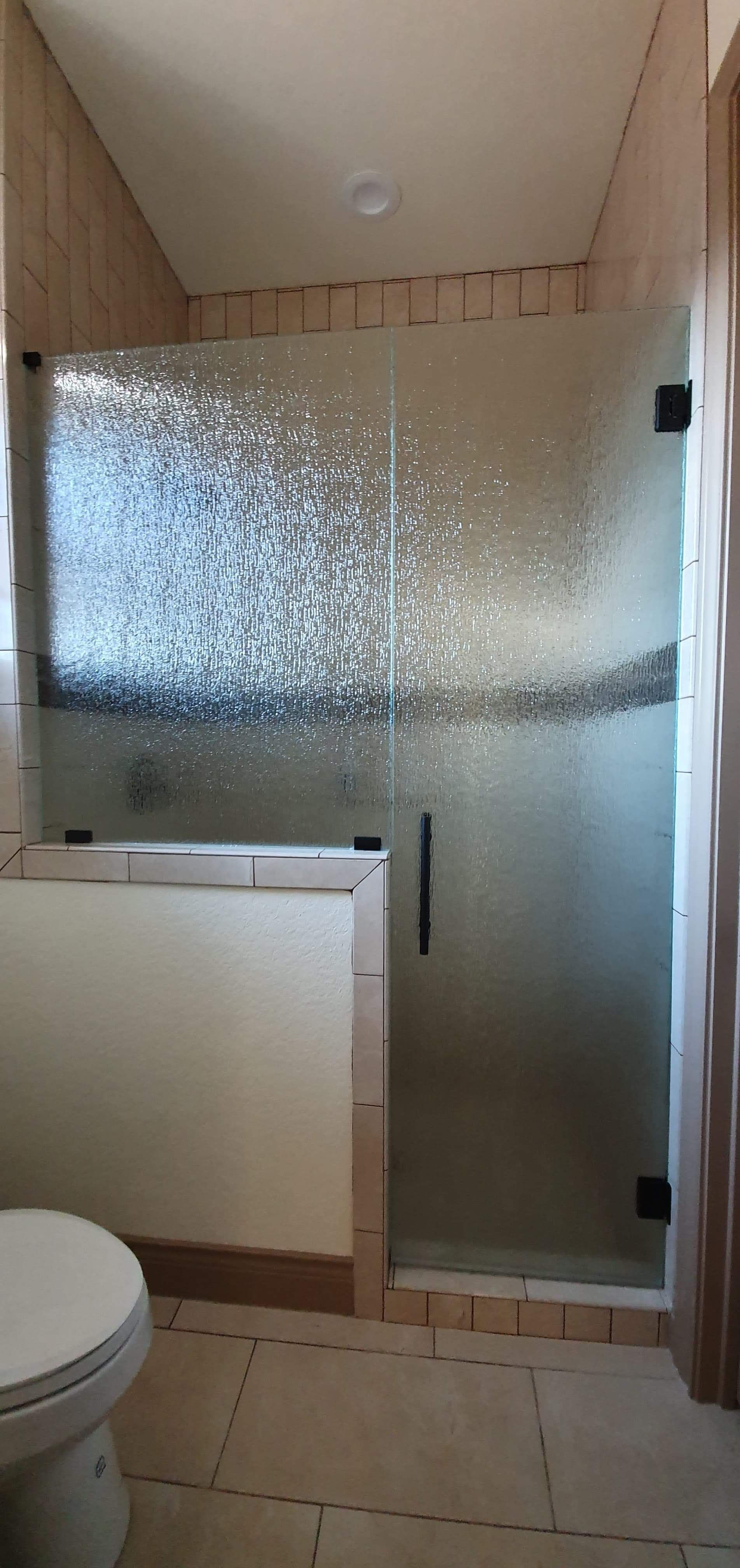 Bathroom with a textured glass shower door and a toilet in the foreground.