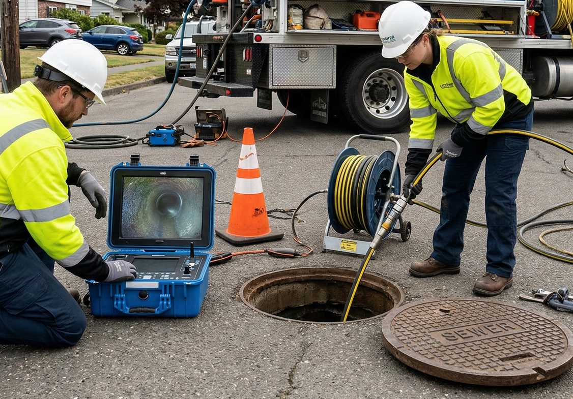 Two workers inspect a sewer using a camera. One operates a monitor, and the other feeds the camera into the open manhole.