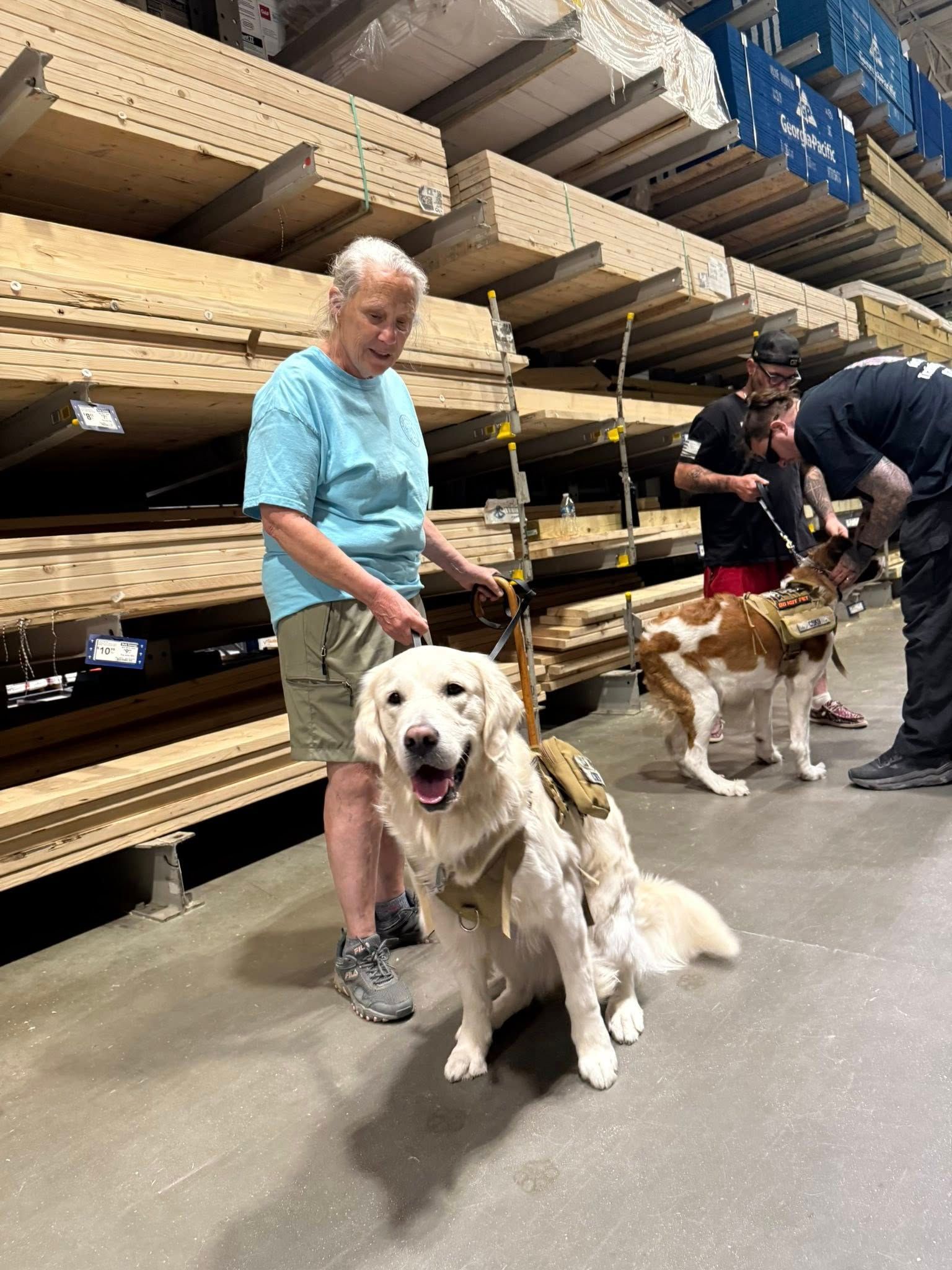 A group of people are standing next to a row of dogs in a warehouse.