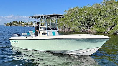 Boat on water, light green hull, white accents, person standing near steering wheel, mangrove trees in background.