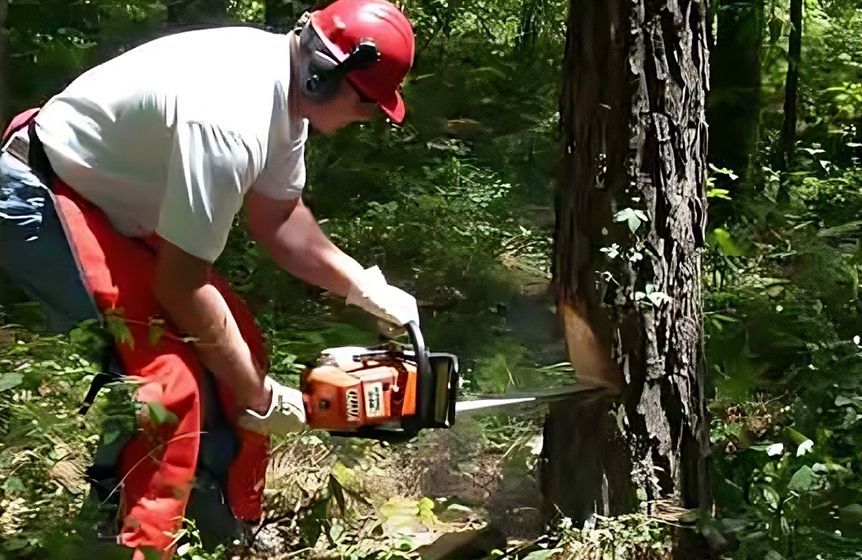 Worker Cutting Down The Tree