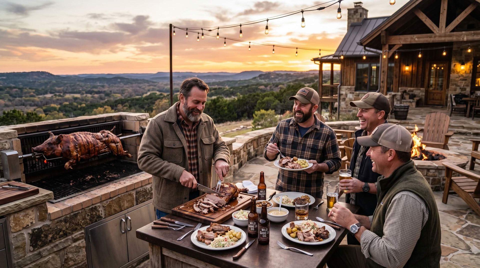 Group of men barbecuing a hog and enjoying their meal