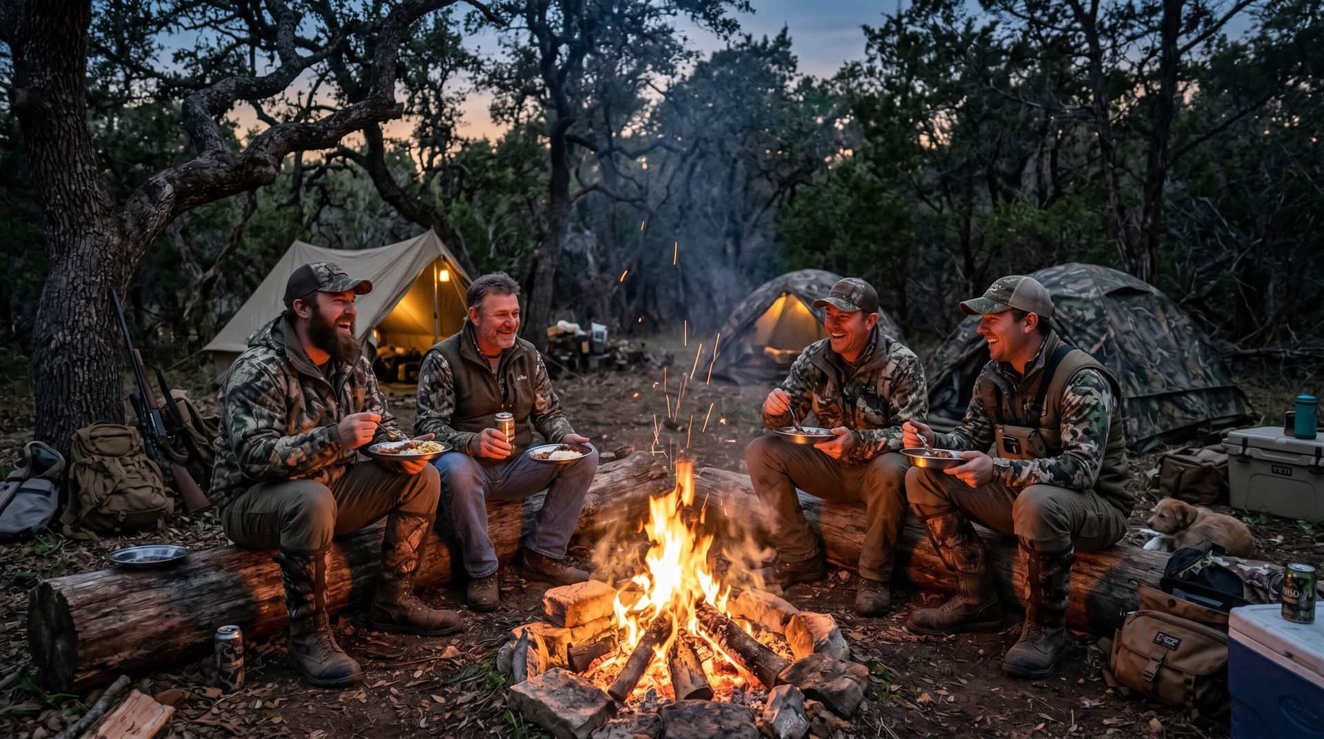 Group of men huddled around a campfire enjoying dinner